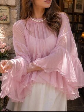Luxury Pink Chiffon Ruffle Blouse with Pearl High Collar